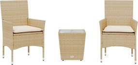 vidaXL 3 részes bézs polyrattan/üveg bisztrógarnitúra párnával