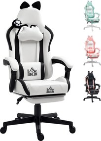 HOMCOM Gamer Szék Macska Fülekkel - Dőlésszögbe Állítható, Állítható Magasságú, Kihúzható Lábpihentő, Derék Támogatás és Leválasztható Fejtámla Irodai