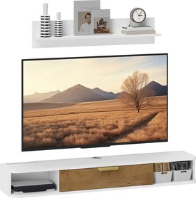 HOMCOM Nappali Bútor - Étkező Bútor Fali Polccal és TV Állvánnyal, Fiókokkal és Kábel Lyukkal, Fali TV-hez 120x24x16 cm Fehér | Aosom
