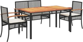 vidaXL 4 részes fekete polyrattan kerti étkezőszett párnákkal