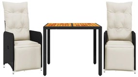 3 részes fekete polyrattan kerti bisztrógarnitúra párnákkal