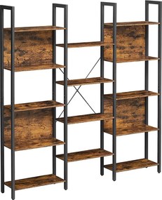 Könyvespolc 14 polccal, acélvázzal, 158 x 24 x 166 cm, rusztikus barna és fekete