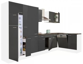 Yorki 370 sarok konyhablokk fehér korpusz,selyemfényű antracit fronttal polcos szekrénnyel és felülfagyasztós hűtős szekrénnyel