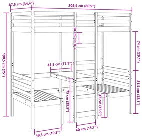 barna fenyő galériaágy-keret asztallal és székekkel 90 x 200 cm