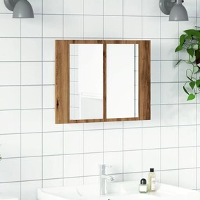 kézműves tölgyszínű szerelt fa tükörszekrény LED-del 60x12x45cm