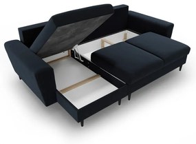 Sötétkék bársony kinyitható tárolóhelyes sarokkanapé Kyoto – Cosmopolitan Design