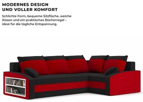 Grande sarokkanapé polcokkal , polc a bal karfaban, jobboldali, szövet anyag, hab töltet, fekete - piros