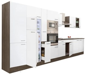 Yorki 420 konyhablokk yorki tölgy korpusz,selyemfényű fehér fronttal felülfagyasztós hűtős szekrénnyel