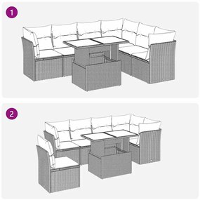 7 részes fekete polyrattan akácfa kerti ülőgarnitúra párnával