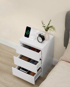 Éjjeliszekrény, oldalasztal 3 fiókkal, 2 ac aljzattal és 2 usb porttal, fehér