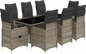 vidaXL 9 részes szürke polyrattan kerti bisztrógarnitúra párnákkal