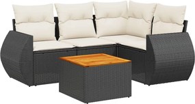 vidaXL 5 részes fekete polyrattan kerti kanapészett párnákkal