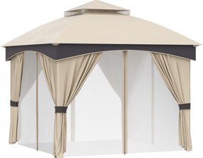 Outsunny 3x3m Acél Kertipavilon Két Rétegű Tetővel, Hálókkal és Függönyeivel, Bézs és Kávé | Aosom