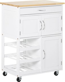 HOMCOM Konyhai Kocsi Kerekekkel, Fiókkal, 2 Tároló Szekrénnyel és 3 Nyitott Polccal, 9 Palackhoz, Étkezőbe vagy Étterembe, 67x37x87 cm, Fehér | Aosom