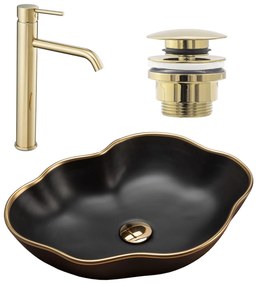 készlet Pultos mosdó Pearl black matt gold edge + Fürdőszobai csaptelep Lungo gold + Dugó gold