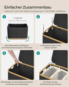 szennyeskosár fedéllel – 3 rekeszes ruhagyűjtő, 150 l űrtartalommal fekete színben