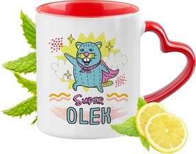 Piros bögre szív alakú füllel Olka ajándék