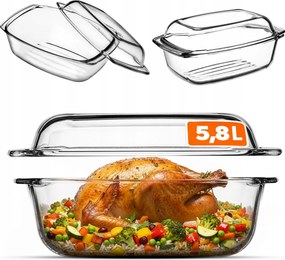 Hőálló Edény 5,8L-ES Sütőfedéllel Téglalap Alakú Nagy Üveg