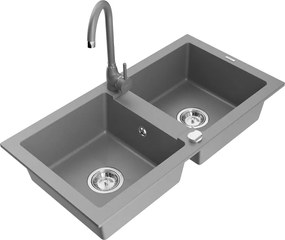 Mexen Mario 2 rekeszes gránit mosogató Telma konyhai csapteleppel, szürke - 6504-71-670200-71