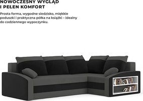 Grande sarokkanapé polcokkal , polc a jobb karfaban, jobboldali, szövet anyag, bonell töltet, szürke - fekete