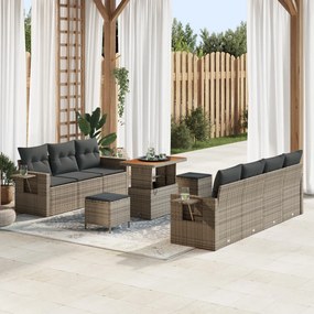 10 Darabos Kerti Sofa Szett Párnákkal Szürke Poli Rattan Akác