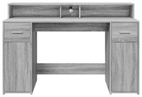 szürke sonoma színű szerelt fa íróasztal LED-ekkel 140x55x91 cm