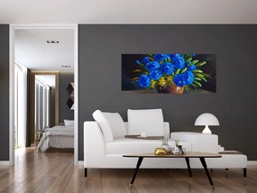 Kék virágok képe egy vázában (120x50 cm)