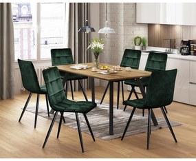Étkezőasztal BERGEN tölgy + 6 szék BERGEN zöld bársony