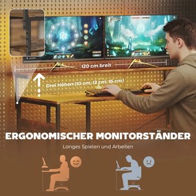 HOMCOM Gamer asztal, LED világítással-konnektorral, 4 fiókkal, monitorállvánnyal, barna