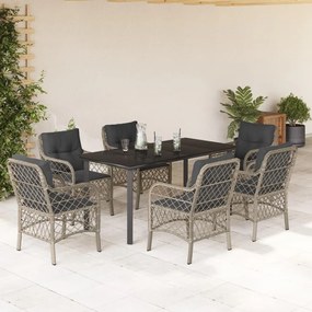 7 részes világosszürke polyrattan kerti étkezőszett párnával