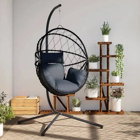antracitszürke rattan és acél függő kagylószék állvánnyal