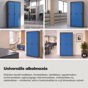 Fém irodai szekrény tolóajtókkal, antracit-kék, 900x1850x400 mm: KUBA