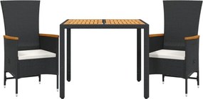 vidaXL 3 részes fekete polyrattan kerti étkezőgarnitúra párnákkal