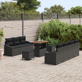 10 Részes Kerti Kanapészett Párnákkal Fekete Poli Rattan Akácia, 2-Fős Kerti Kanapé Párnákkal Fekete Poli Rattan, 3 Részes Kerti Étkező Szett Párnákkal Fekete Poli Rattan Akácia