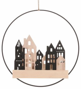 Függő LED dekoráció Domečky v kruhu fekete, átmérő28 cm