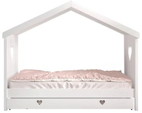 Fehér házikó alakú borovi fenyő gyerekágy kihúzható pótággyal, tárolóhellyel 90x200 cm AMORI – Vipack