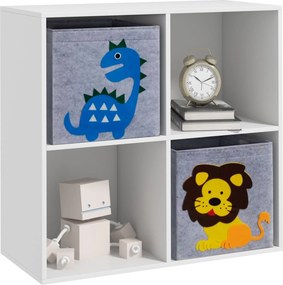 ZONEKIZ Gyerek Játékpolc Könyvespolc 3 Éves Korúaknak 4 Tárolórekesszel és 2 Nem Szőtt Anyagú Fiókkal Állatmintával 61,8x29,9x61,8 cm Fehér és Szürke