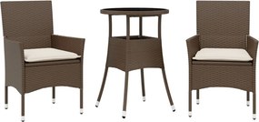 vidaXL 3 részes barna polyrattan/üveg kerti étkezőgarnitúra párnával