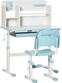 HOMCOM Gyerek Íróasztal és Szekrény Szett 3 Éves Kortól Magasságállítható Íróasztallal Dőlt Asztallappal, Fiókkal és Polccal 80x52x88-109 cm és 35.5x4