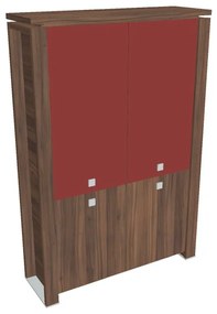 Verno+ magas szekrény 140 x 46 x 210 cm, kombinált ajtó, dió / piros