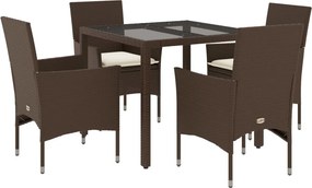 vidaXL 5 részes barna polyrattan/üveg kerti étkezőgarnitúra párnákkal