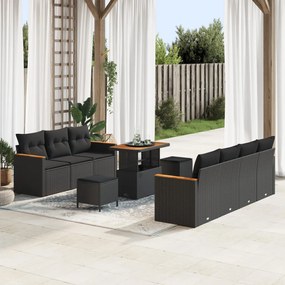 10 Részes Kert Sofa Szett Párnákkal Fekete Poli Rattan Akáciával