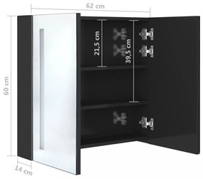fényes fekete LED-es tükrös fürdőszobaszekrény 62 x 14 x 60 cm