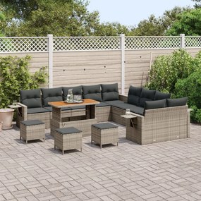 13 darabos Kertibútor Szett párnákkal Szürke Poli Rattan Akáccal, 3 darabos Kerti Étkező Szett párnákkal Szürke Poli Rattan Akáccal
