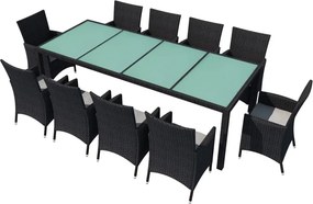 vidaXL 11-részes fekete polyrattan kültéri étkezőszett párnákkal