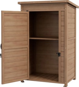 Outsunny Kültéri Szekrény Állítható Polccal és Dőlt Tetővel, Kert Fa Szekrény Zárral, 75x56x117cm, Barna | Aosom