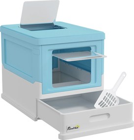 PawHut Összecsukható Macska Alomdoboz Zárt Macska Alomdoboz Leválasztható Fedéllel, Kivehető Tálcával, Nyitható Felső Ajtóval és Kanállal, 47.5x35.5x3