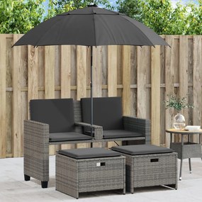 2 személyes szürke polyrattan kerti kanapé napernyővel/székkel