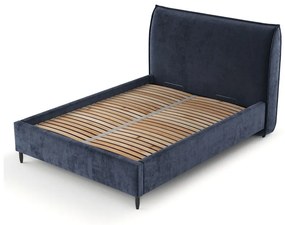 Sötétkék kárpitozott ágyneműtartós franciaágy ágyráccsal 180x200 cm Shell – Maison de Rêve