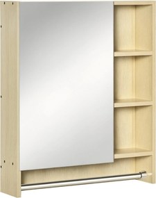 Kleankin Tükörrel ellátott Fürdőszekrény Fali Szekrény 1 Ajtóval Állítható Polc Törölközőtartóval és Rekesszel, Függő Fürdőbútor, 60x15x70 cm Tölgy |